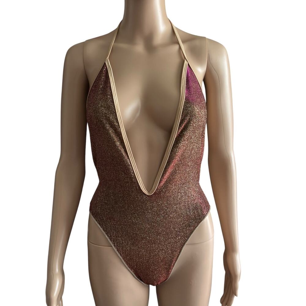 La Costanera Metallic Gold Pink Plunge Monokini One Piece Swimsuit Rave One New